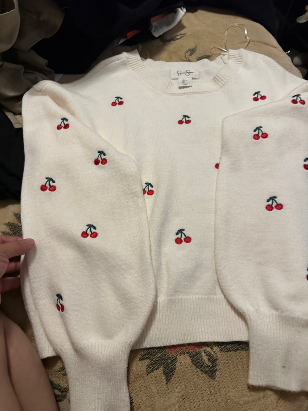 Jessica Simpson Cream Crewneck Sweater with Red Cherry Embroidery - Picture 2 of 8